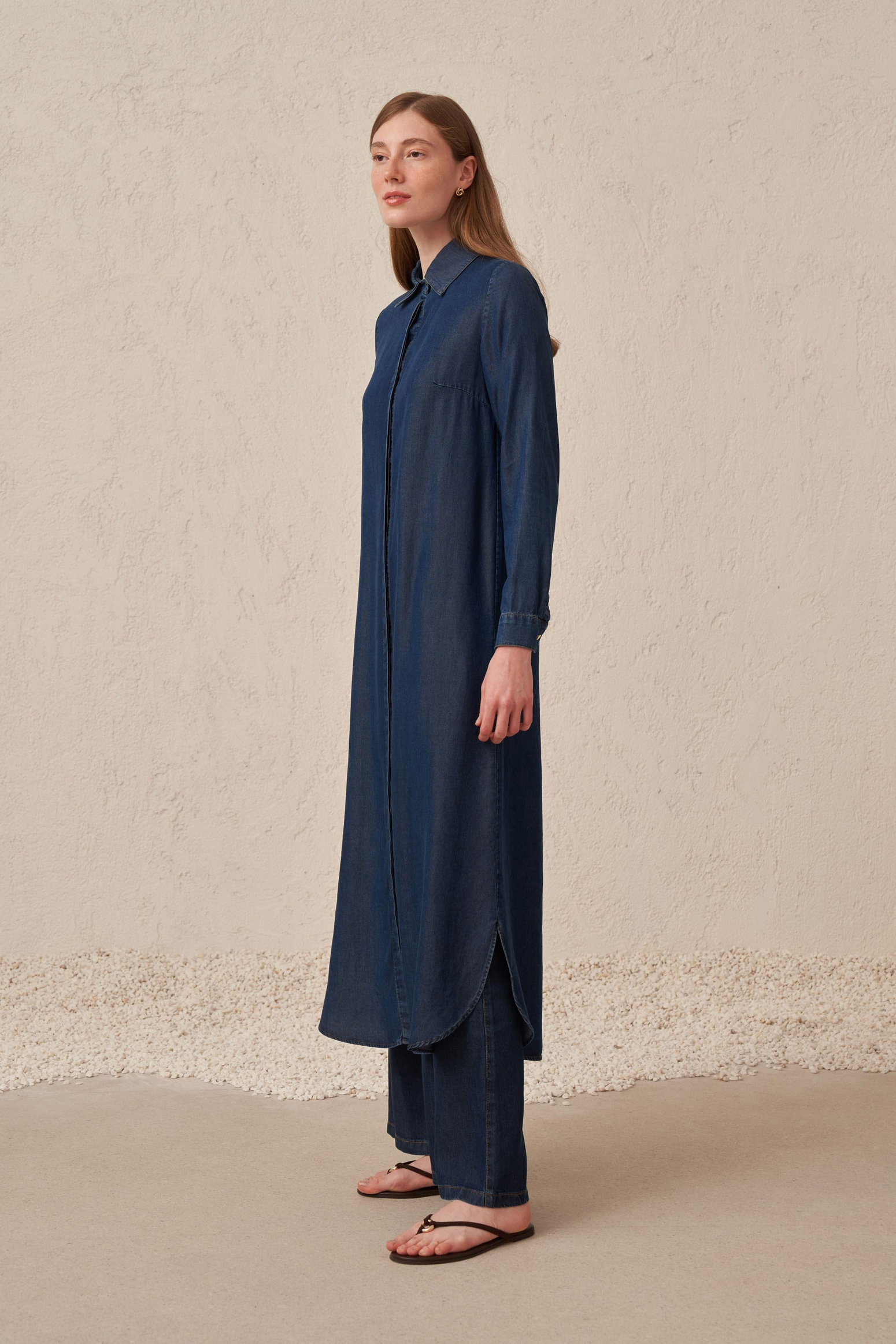 Denim Long Tunic Shirt - Dark Blue - Image 3