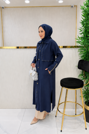 Navy Blue Silk Cupra Embellished Button-Front Midi Cape Shirt