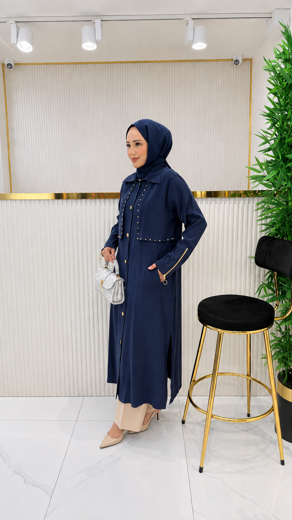 Navy Blue Silk Cupra Embellished Button-Front Midi Cape Shirt