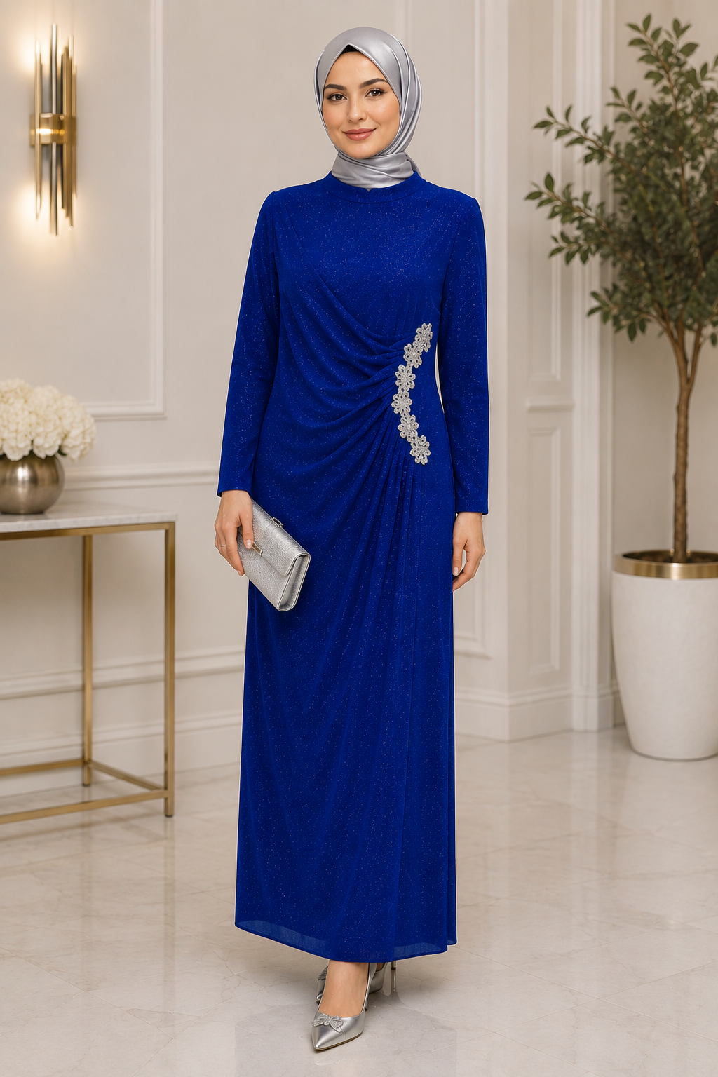 Royal Blue Draped Glitter Evening Dress