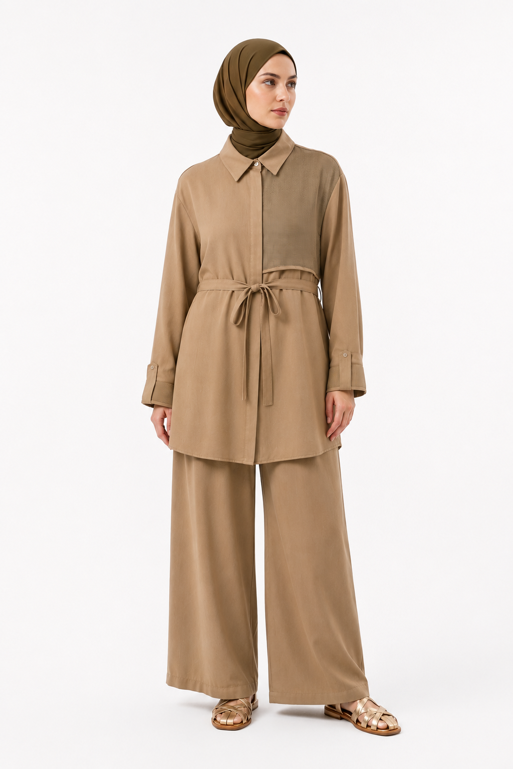 Mocha Textured Tunic & Wide Leg Pants Set
