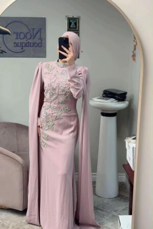 Embellished Cape Sleeve Evening Dress