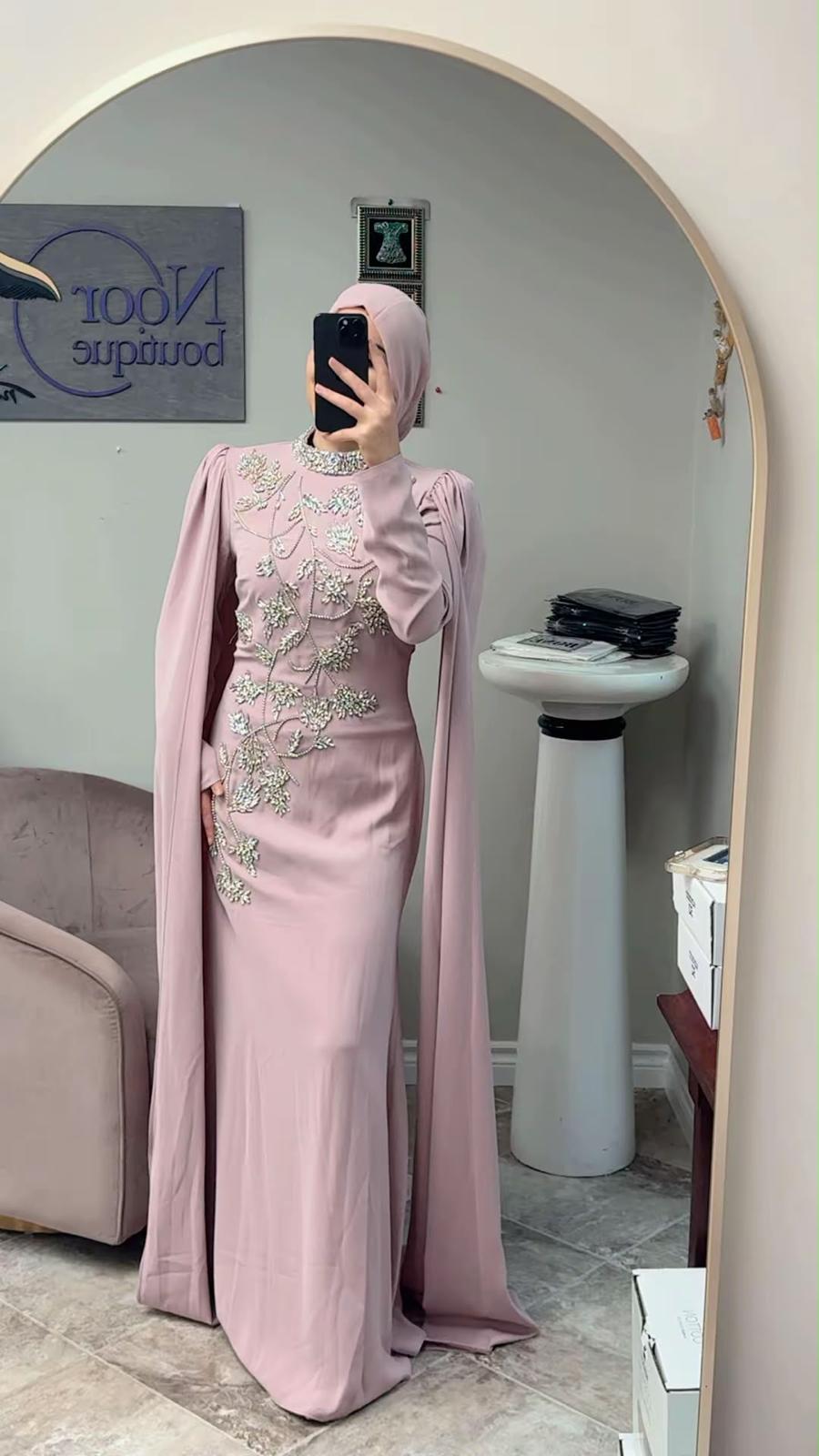 Embellished Cape Sleeve Evening Dress