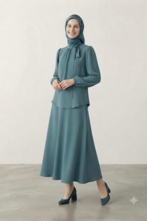 Tie-Neck Modest Matching Skirt Set