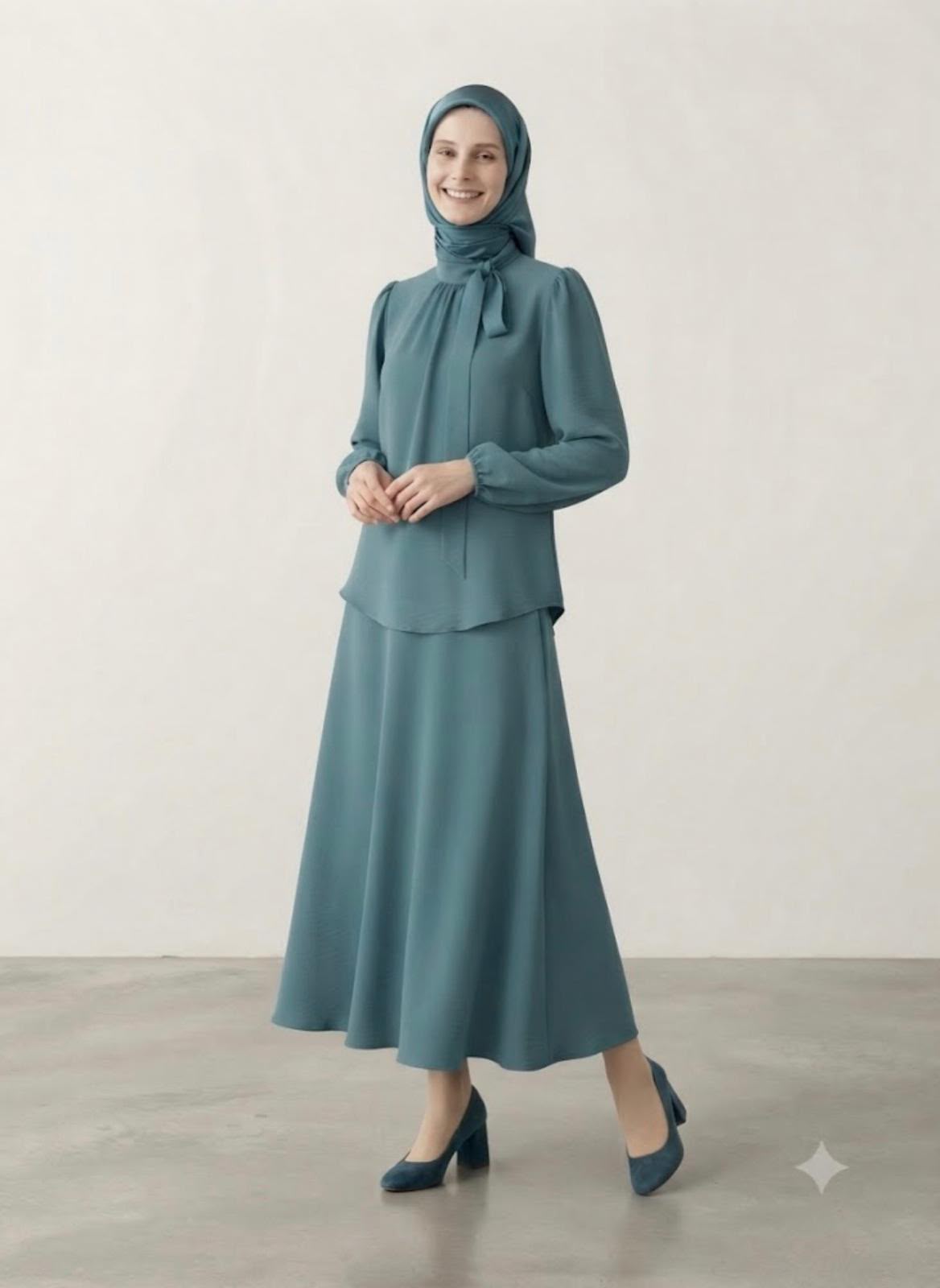 Tie-Neck Modest Matching Skirt Set