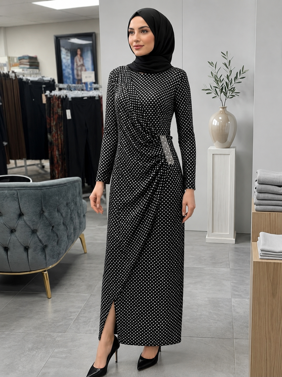 Polka Dot Gathered Detail Dress
