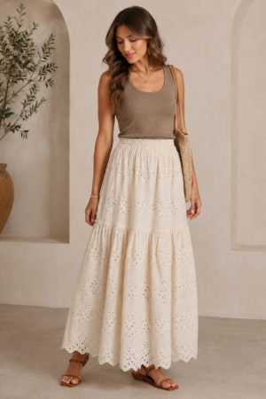 Pearl Detail Eyelet Maxi Skirt