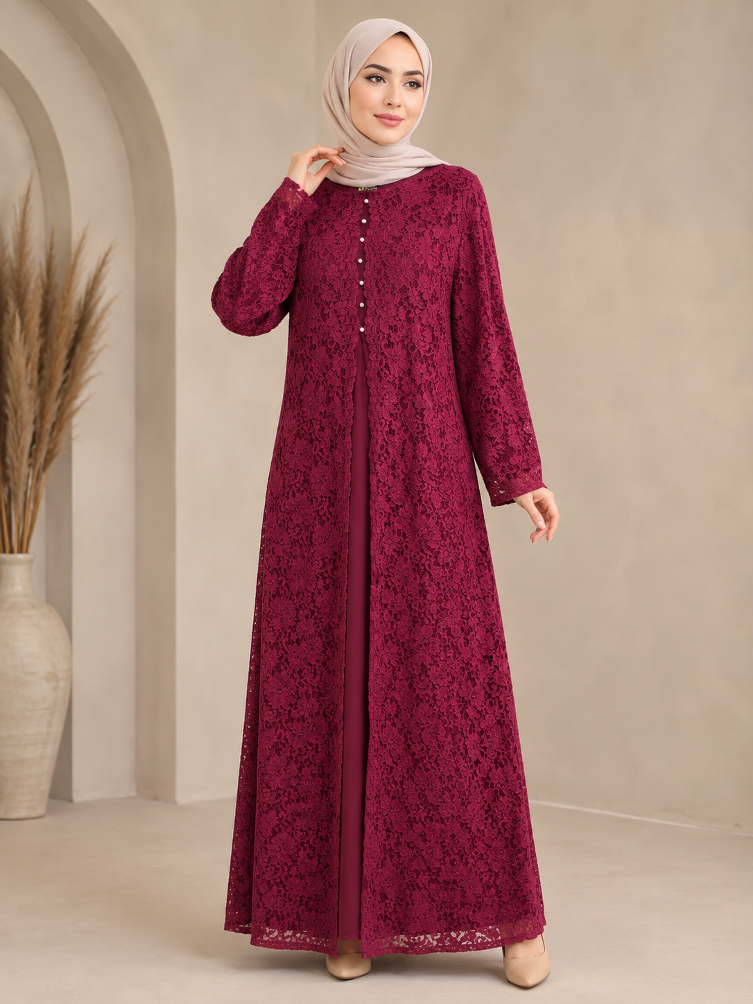 Lace Overlay Evening Dress