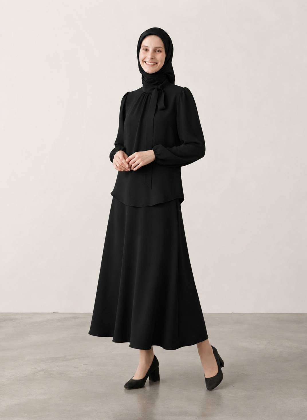 Tie-Neck Modest Matching Skirt Set - Image 3