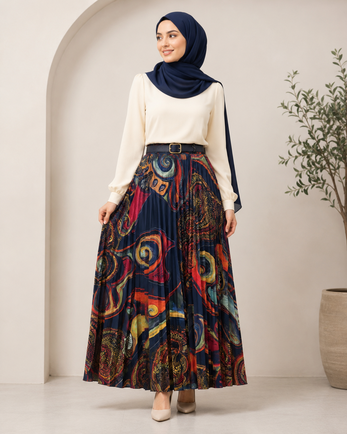 Navy Paisley Print Chiffon Maxi Skirt