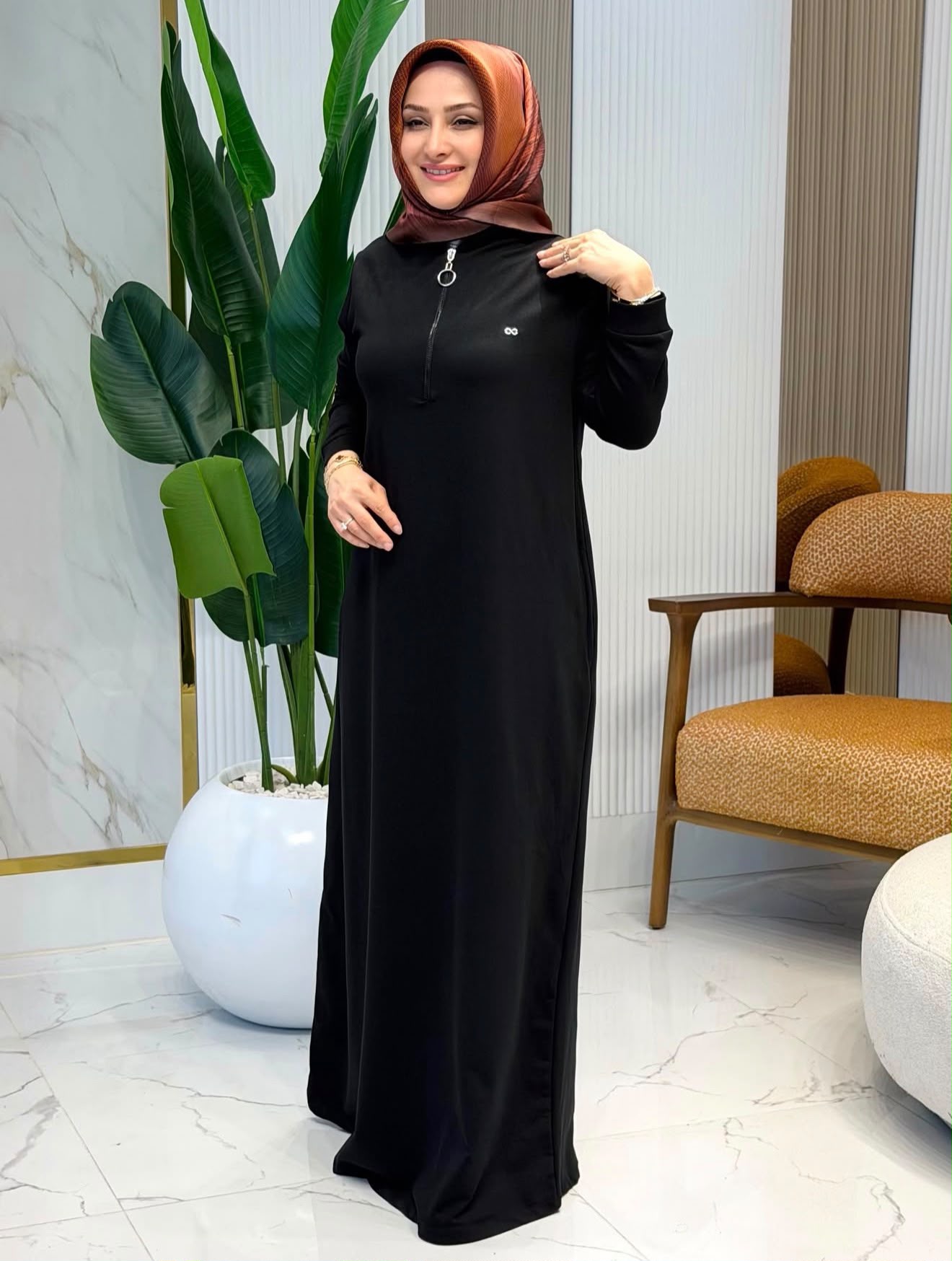 Half-Zip Long Modest Dress