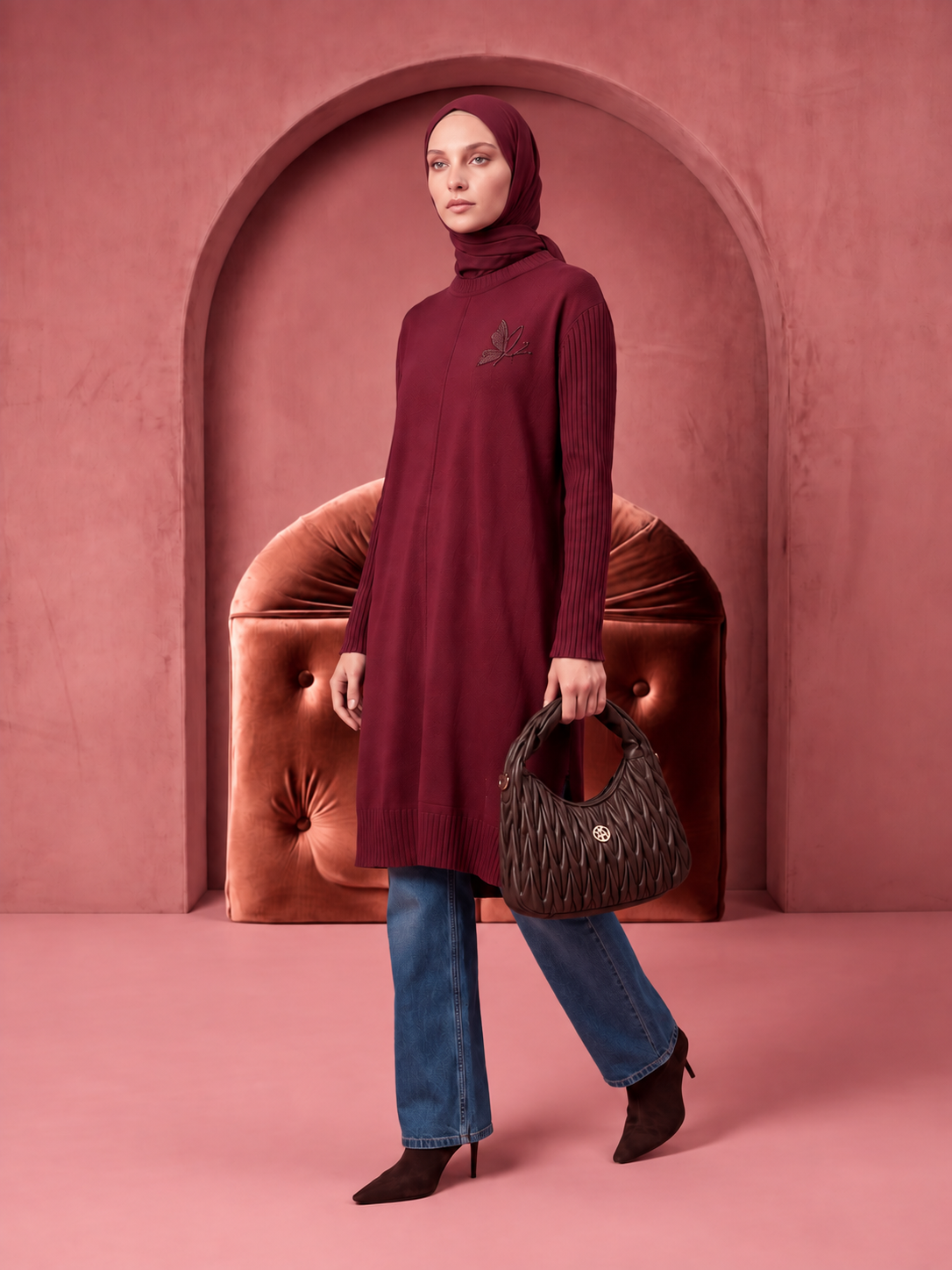 Butterfly Detail Ribbed Knit Modest Tunic
