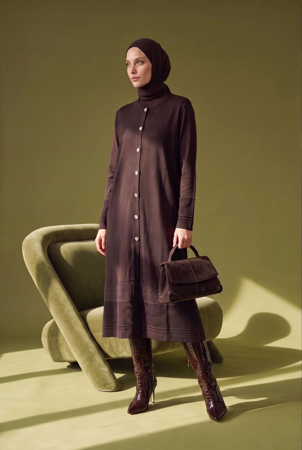Button Front Knit Modest Long Cardigan