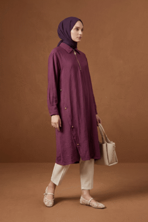 Side Button Detail Relaxed Fit Collared Long Tunic