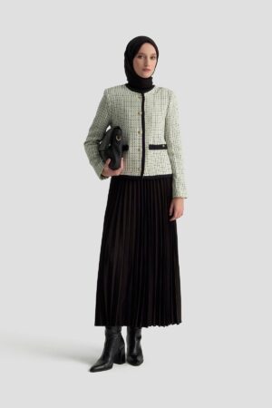 Button Detail Tweed Jacket & Pleated Maxi Skirt Set