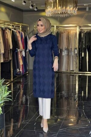 Armine Zipper Collar Patterned Knit Tunic - Navy Blue