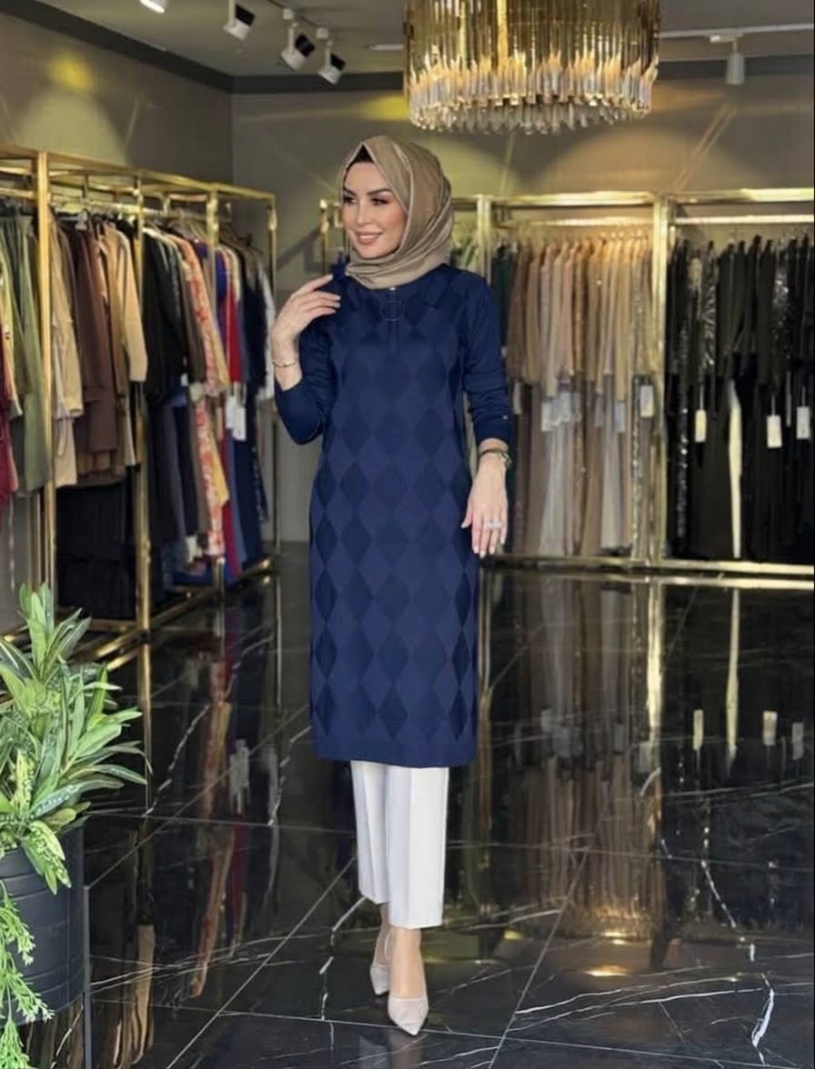 Armine Zipper Collar Patterned Knit Tunic - Navy Blue