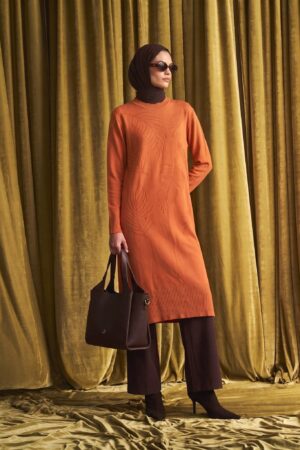 Armine Leaf Pattern Long Knit Tunic - Rust Orange