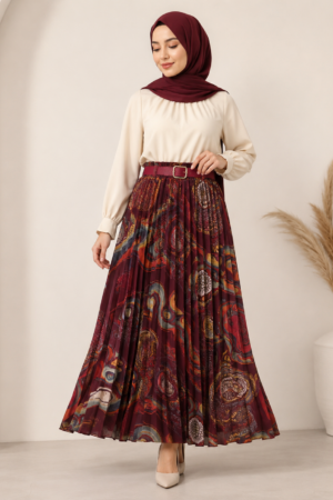 Burgundy Paisley Print Chiffon Maxi Skirt