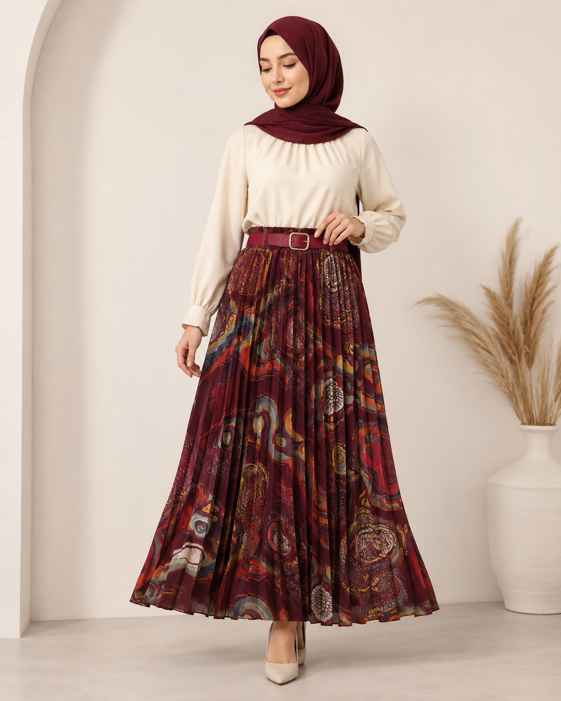 Burgundy Paisley Print Chiffon Maxi Skirt