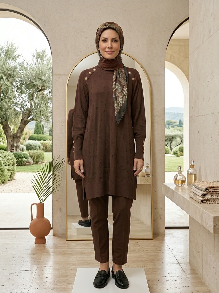 Elegant Gold Button Detail Knit Tunic & Pants Set - Image 3