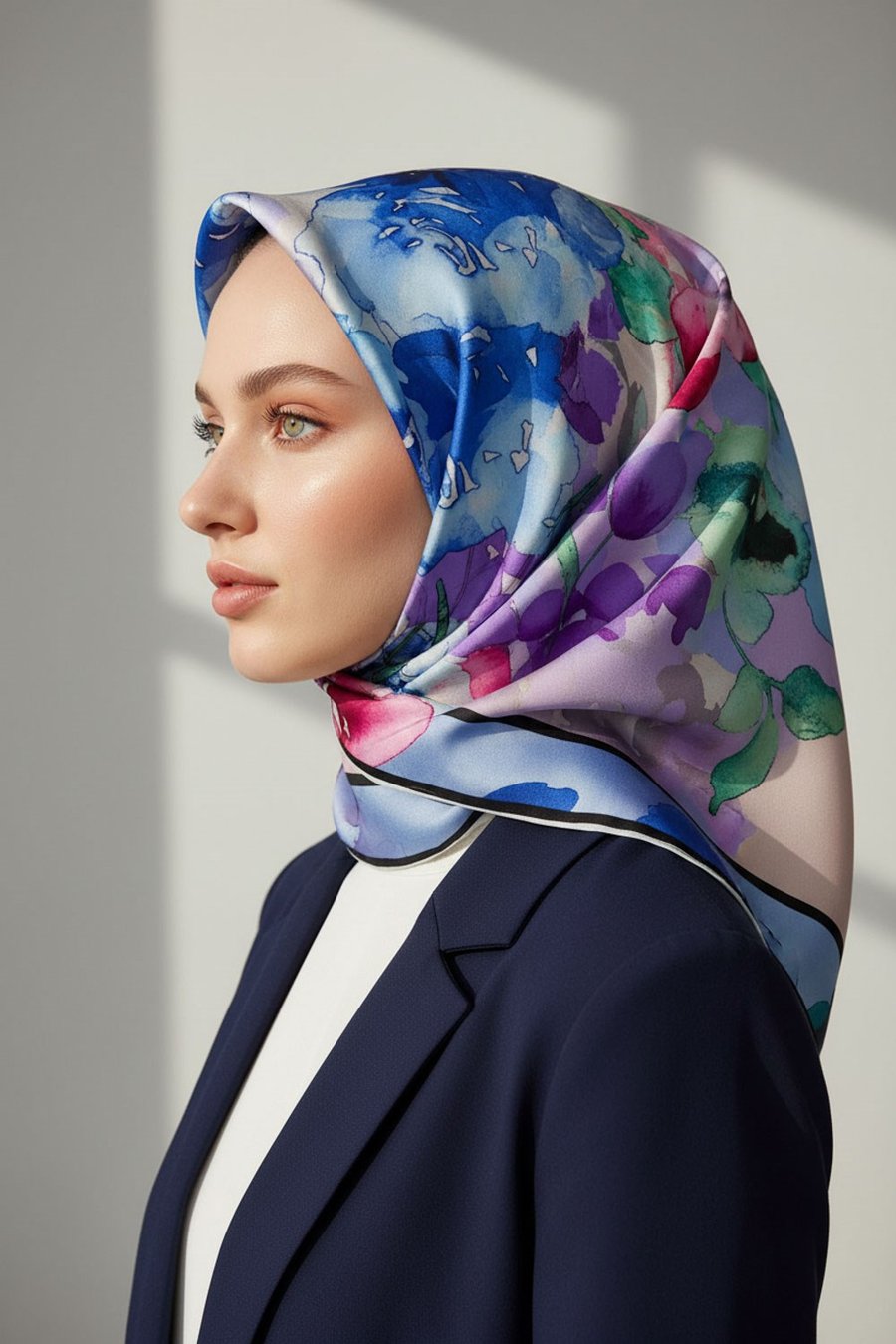 100% Twill Silk Watercolor Floral Scarf – Baby Blue & Pink | 90x90 cm