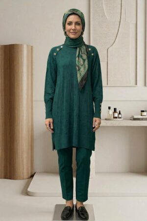 Elegant Gold Button Detail Knit Tunic & Pants Set