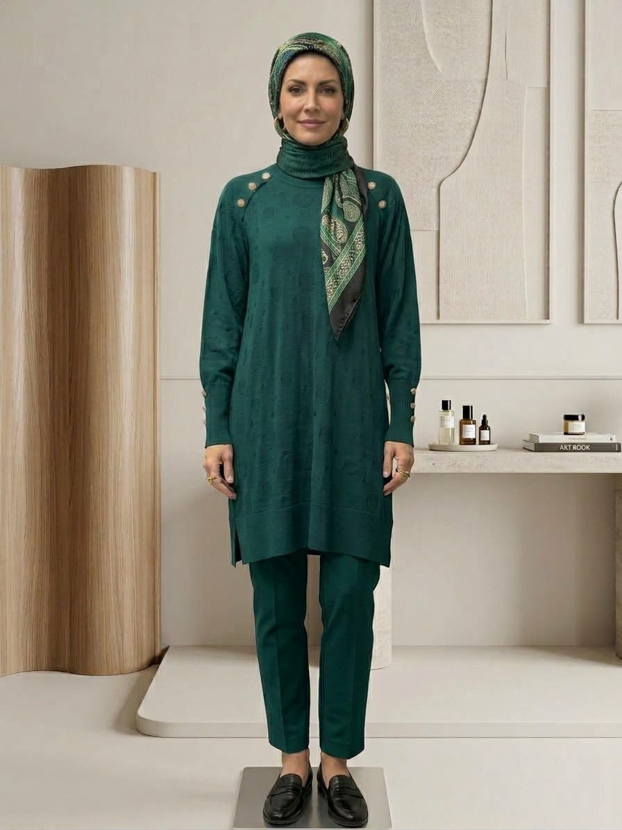 Elegant Gold Button Detail Knit Tunic & Pants Set
