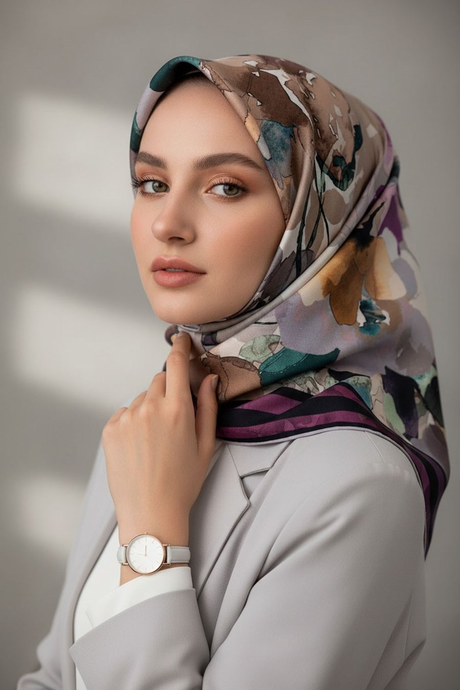 100% Twill Silk Watercolor Floral Scarf – Purple & Taupe | 90x90 cm