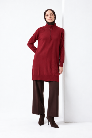 Floral Detail Half-Zip Knit Tunic