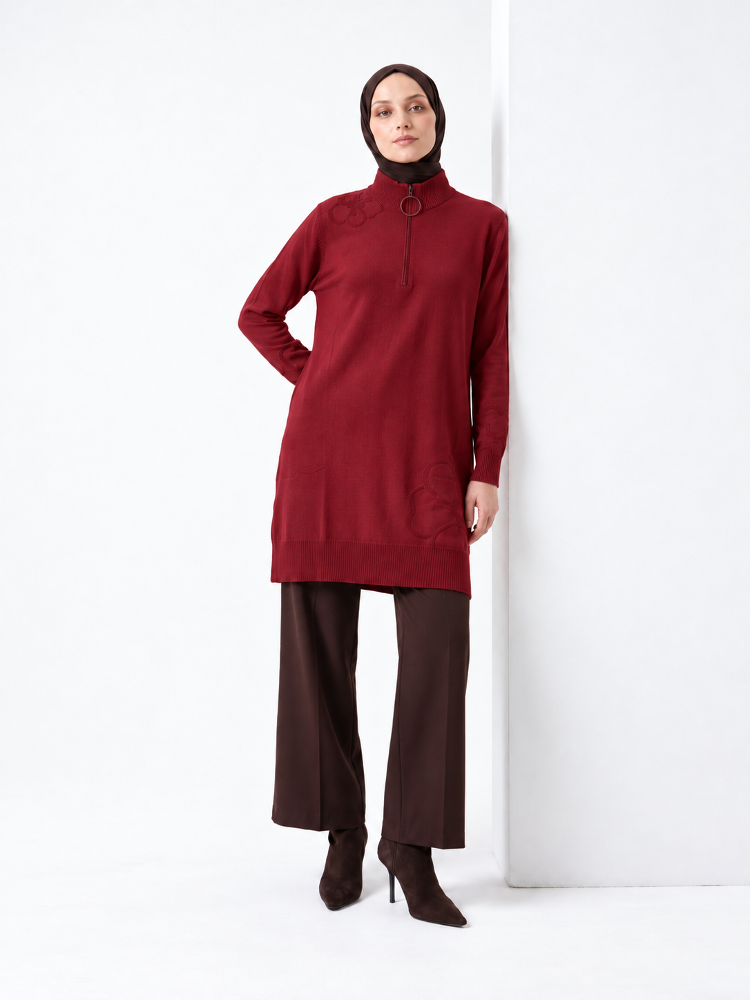 Floral Detail Half-Zip Knit Tunic