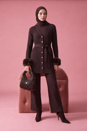 Fur Cuff Belted Knit Two-Piece Set