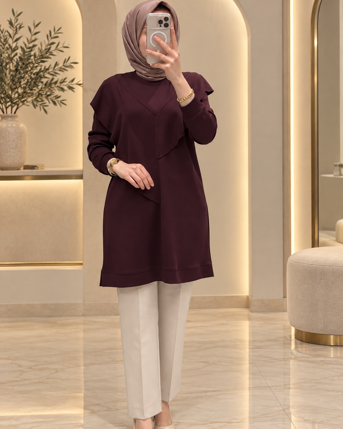 Elegant Layered Ruffle Detail Long Tunic