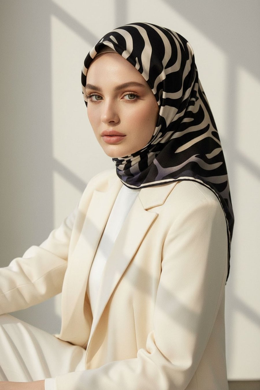 100% Twill Silk Zebra Print Scarf – Cream & Black | 90 × 90 cm