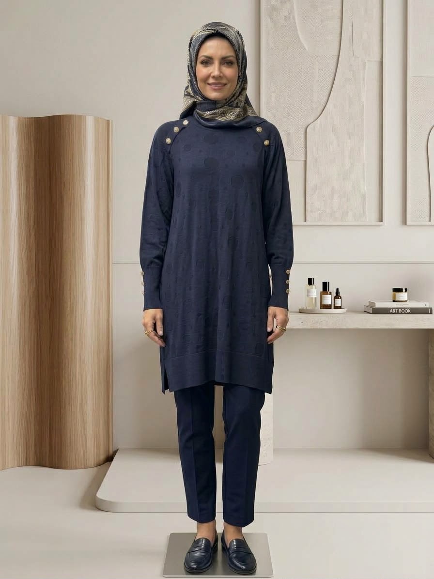 Elegant Gold Button Detail Knit Tunic & Pants Set - Image 2