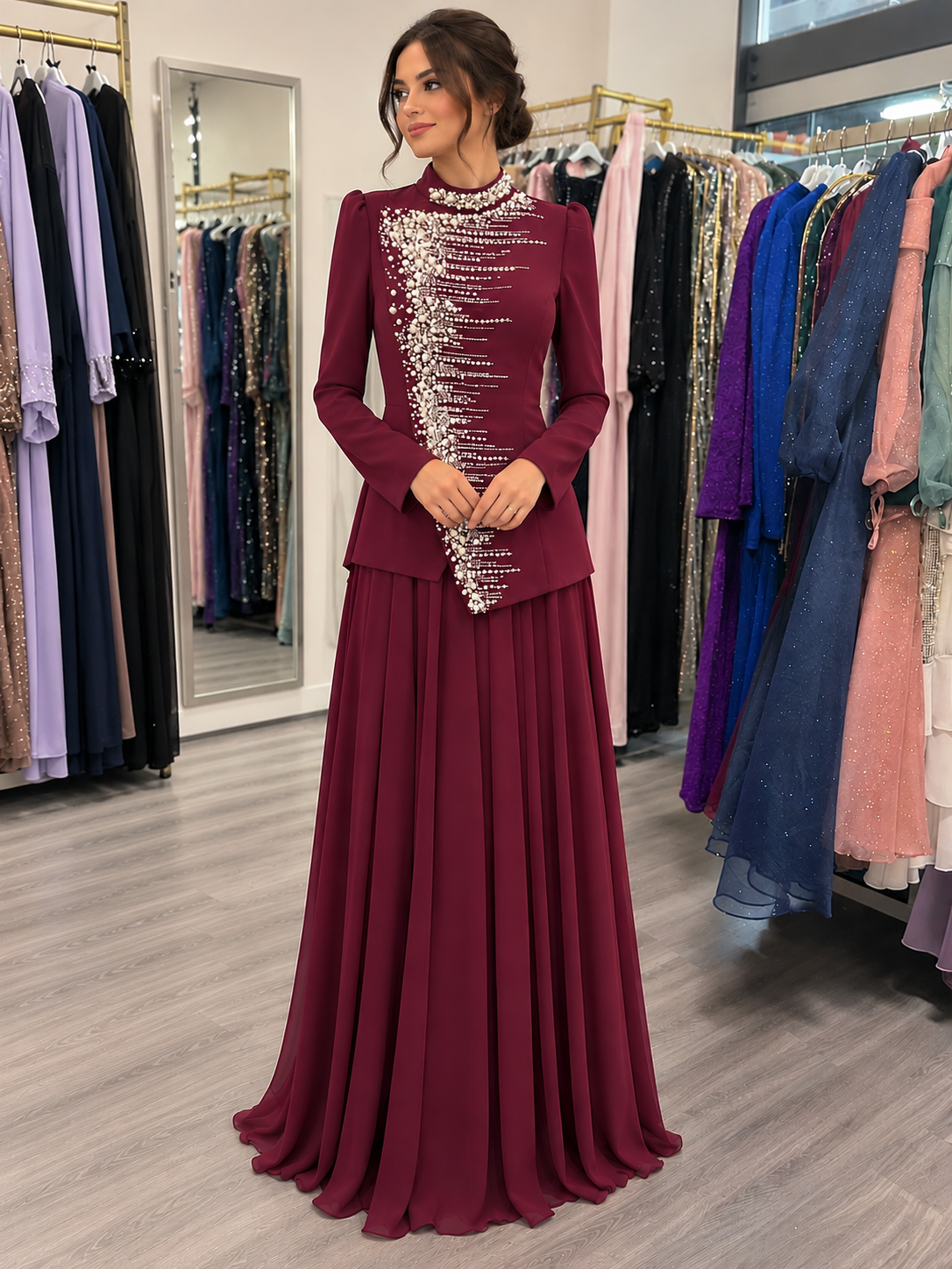 Embellished Pleated Evening Dress